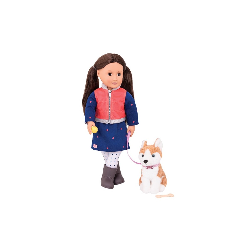 Our Generation - Leslie lalka brunetka z psem Husky na smyczy wersja deluxe