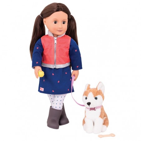 Our Generation - Leslie lalka brunetka z psem Husky na smyczy wersja deluxe