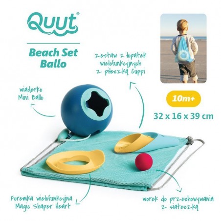Zabawki plażowe: wiaderko, łopatki, sitko foremka + worek - Quut