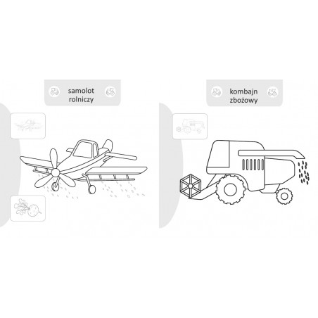 Malowanie-doklejanie. Pojazdy na wsi. Kolorowanka z Naklejkami