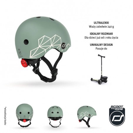 Ultralekki kask ochronny z lampką LED na hulajnogę i rower  dzieci 1-5 lat Green Lines - Scoot & Ride