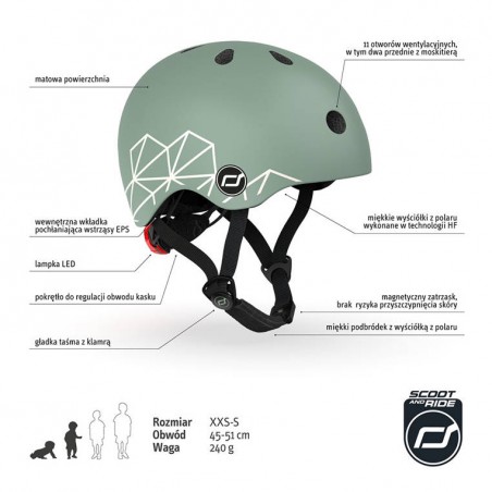 Ultralekki kask ochronny z lampką LED na hulajnogę i rower  dzieci 1-5 lat Green Lines - Scoot & Ride