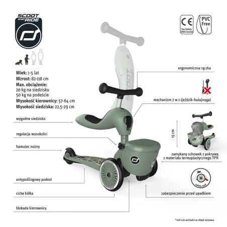 Hulajnoga Jeździk 2w1 z zamykanym schowkiem Highwaykick 1 Lifestyle Green Lines Scoot & Ride