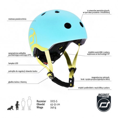 Kask ochronny z Lampką LED na Hulajnogę i Rower  dzieci 1-5 lat Blueberry - Scoot & Ride