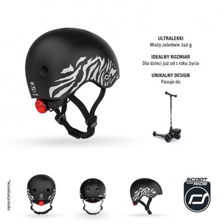 Kask ochronny z lampką LED na hulajnogę i rower dzieci 1-5 lat Czarny Zebra - Scoot & Ride