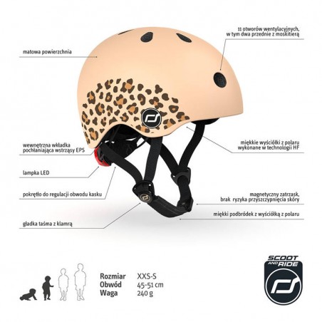 Kask ochronny z lampką LED na hulajnogę i rower dzieci 1-5 lat Leopard - Scoot & Ride