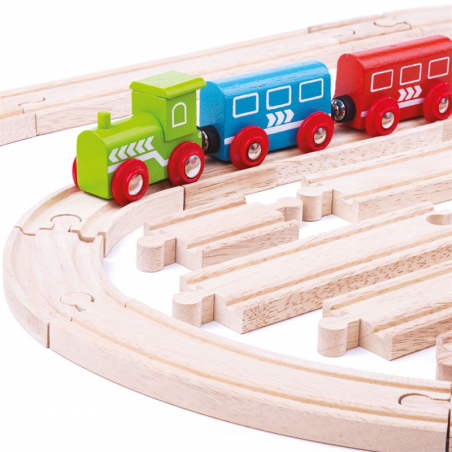 Drewniane tory kolejowe, proste, skrzyżowanie i zakręty 25 el. Bigjigs Rail