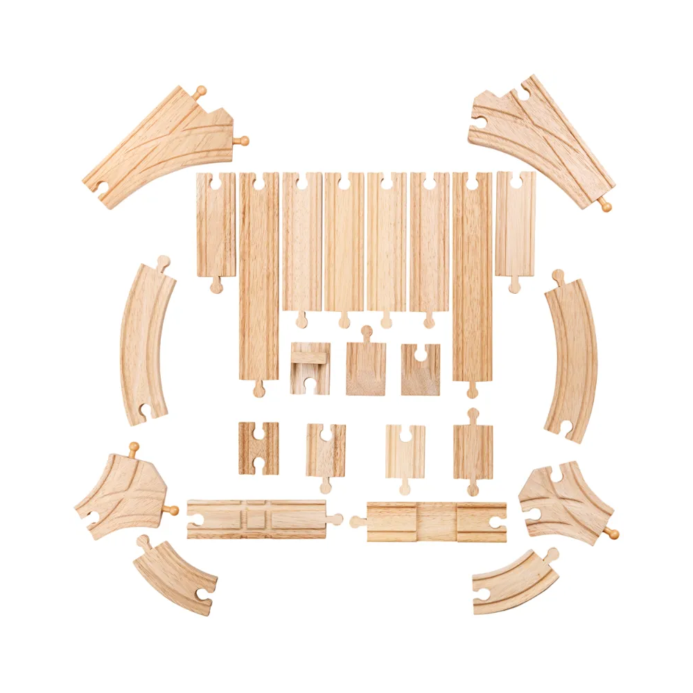 Drewniane tory kolejowe, proste, skrzyżowanie i zakręty 25 el. Bigjigs Rail