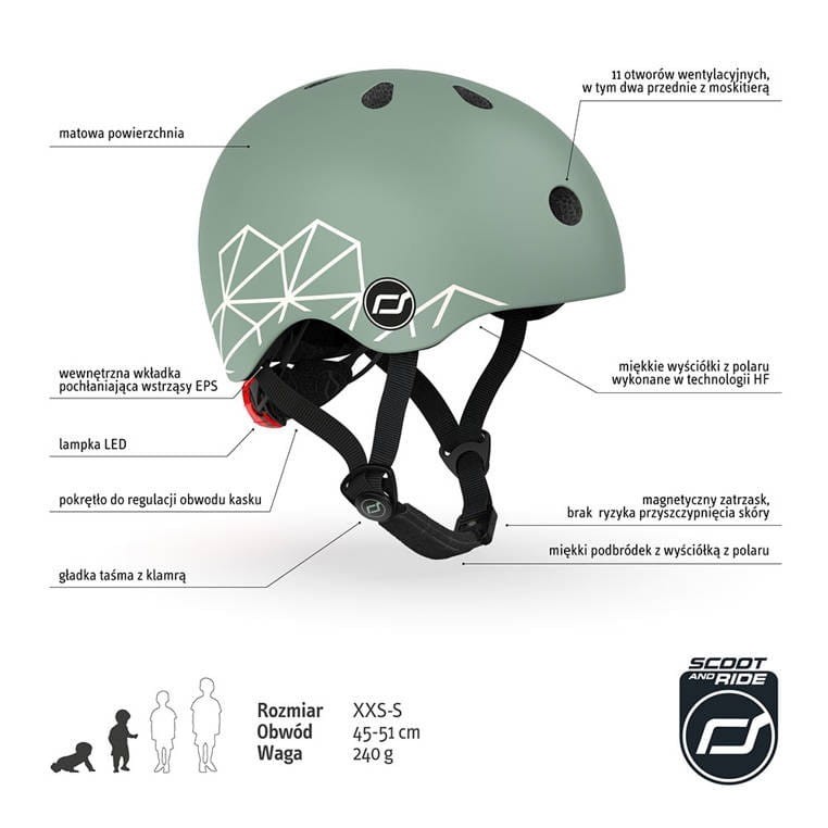 Ultralekki kask ochronny z lampką LED na hulajnogę i rower  dzieci 1-5 lat Green Lines - Scoot & Ride