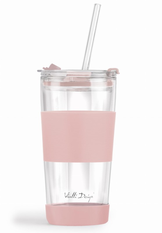Szklany kubek termiczny ze słomką 600 ml różowy Fuori Vialla Design