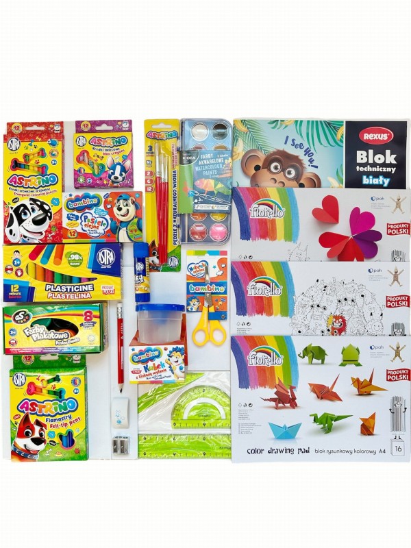 Wyprawka szkolna artykuły plastyczne i papiernicze 20 elem.