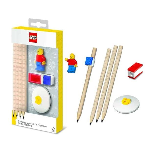 Lego zestaw szkolny: 4 ołówki, temperówka, gumka + ludzik i klocek