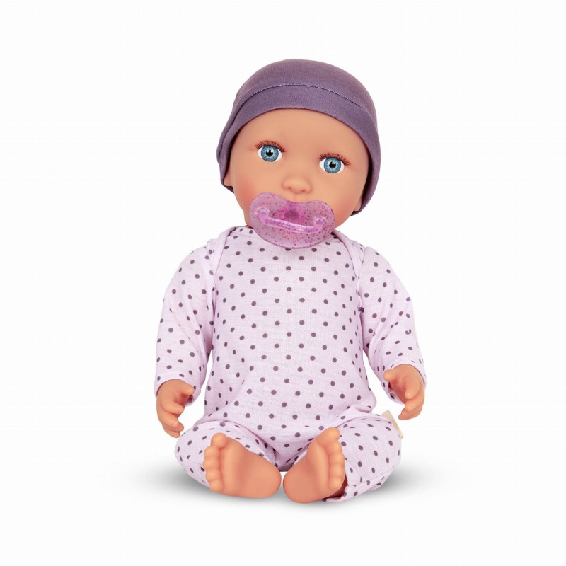 Lalka noworodek ze smoczkiem w pidżamce w kropeczki i czapeczce LullaBaby