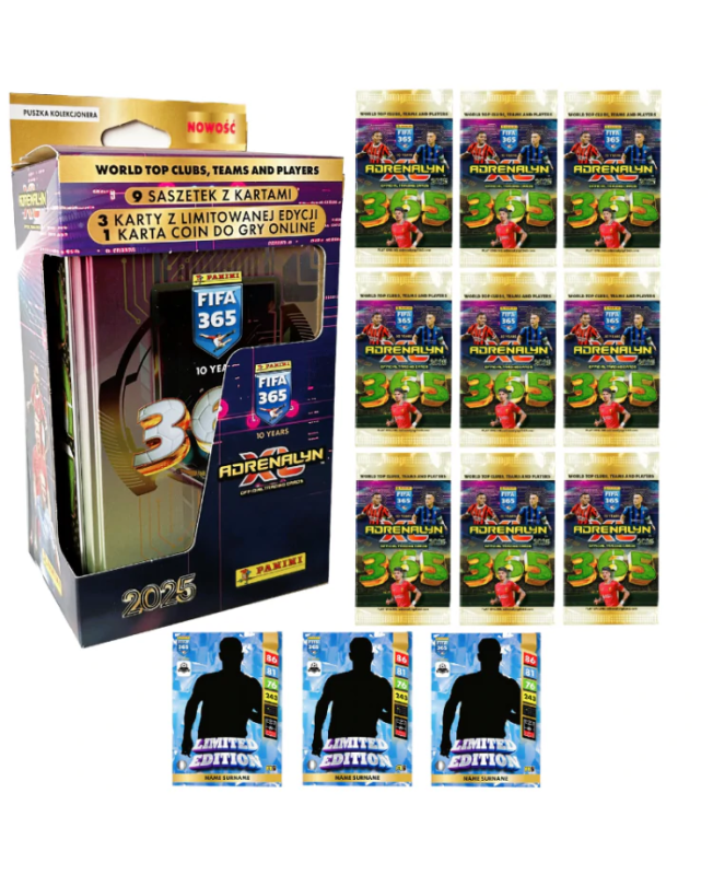 Duża Puszka 9 Saszetek 3 Karty Limited Piłkarskie FIFA 365 2025 ADRENALYN XL PANINI