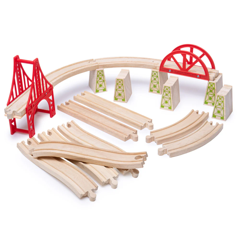 Drewniane tory kolejowe, mosty, podpory, proste, zakręty 18 el. Bigjigs Rail