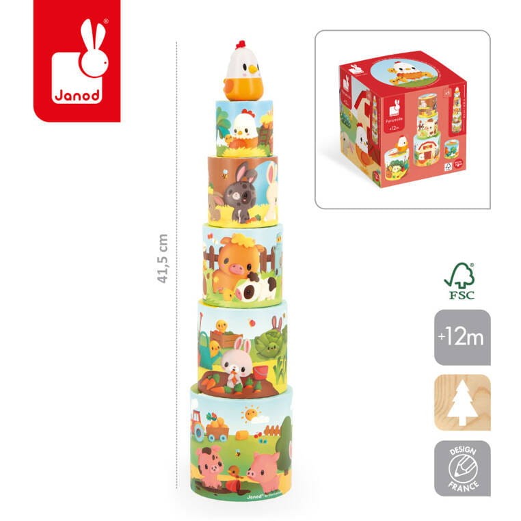 Farma wieża z pudełek + figurka Kura 6 elementów Janod