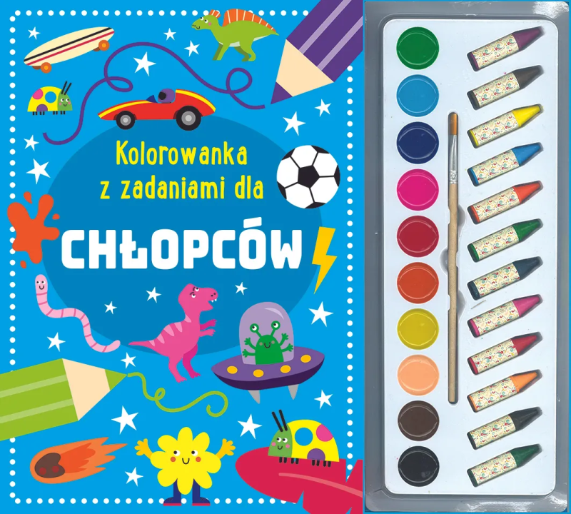 Kolorowanka z zadaniami dla chłopców + kredki, farbki
