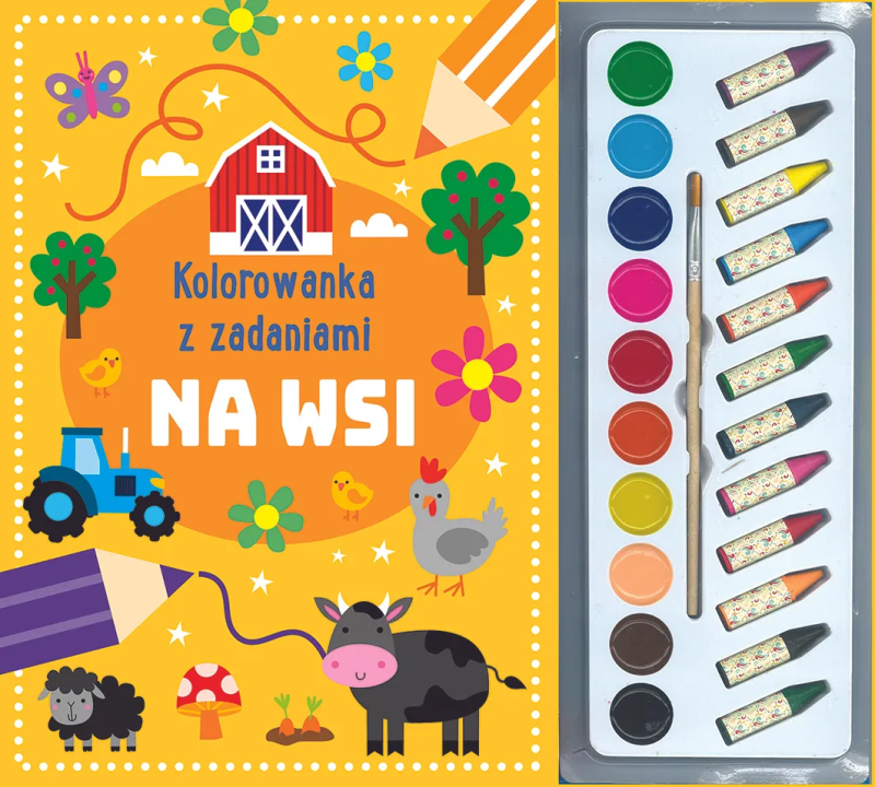 Kolorowanka z zadaniami Na wsi + kredki, farbki