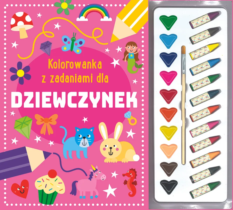 Kolorowanka z zadaniami dla dziewczynek + kredki, farbki