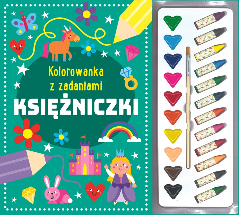 Kolorowanka z zadaniami Księżniczki + kredki, farbki