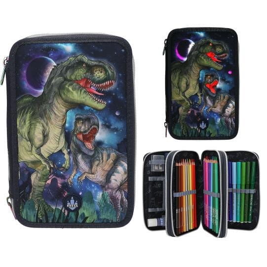 Piórnik z wyposażeniem i światełkiem LED potrójny Dino World