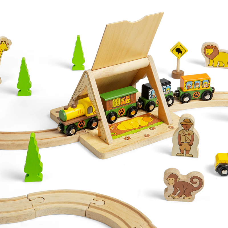 Drewniany tunel - namiot safari z figurką Bigjigs Rail