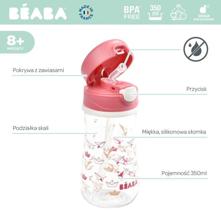 Bidon Tritanowy Butelka ze Słomką 350 ml Różowy - Beaba
