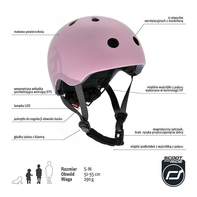 Ultralekki Kask Ochronny z Lampką LED na Hulajnogę i Rower  dzieci +3 lata Rose - Scoot & Ride