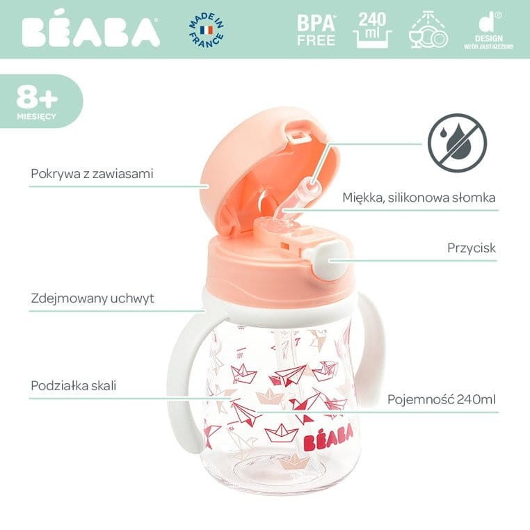 Bidon tritanowa butelka ze słomką 240 ml Light pink - Beaba