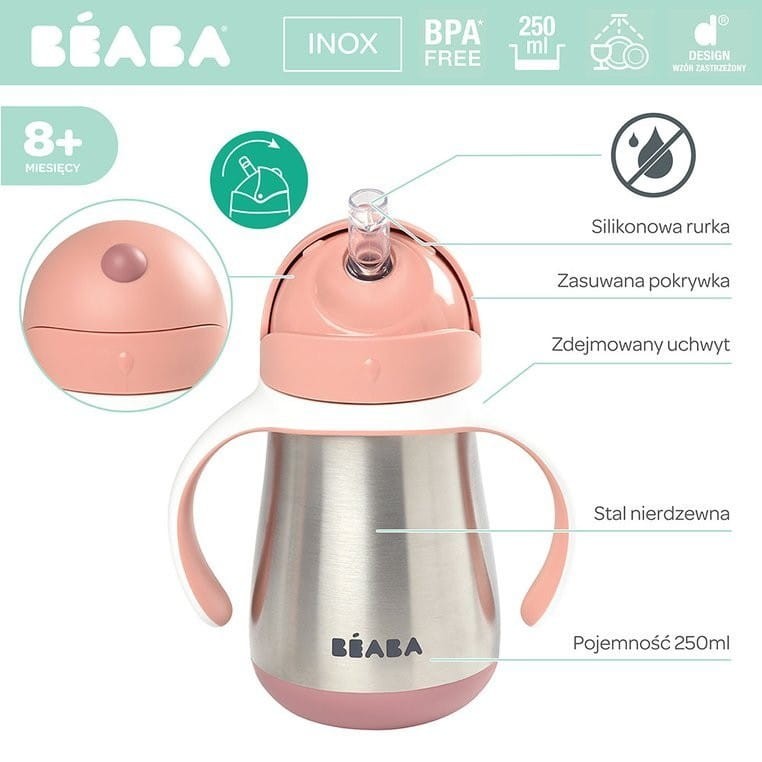 Butelka stalowa, kubek niekapek ze słomką 250 ml róż - Beaba