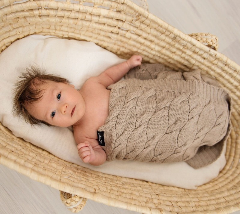 Kocyk z Wełny Merino 80x100 cm Beżowy Warkocz - Lullalove