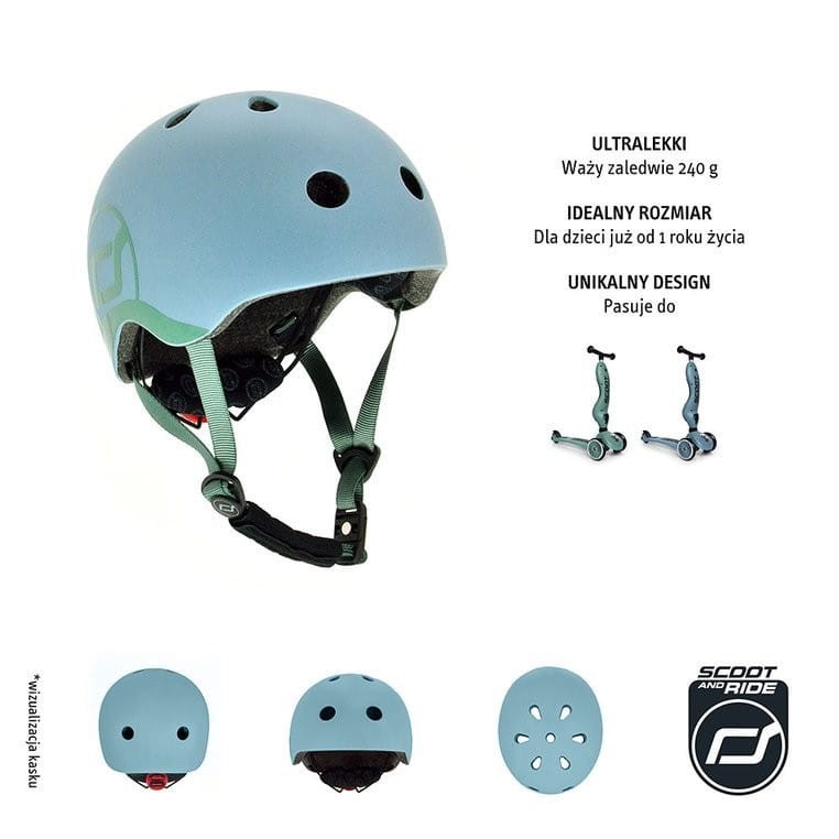 Ultralekki Kask Ochronny z Lampką LED na Hulajnogę i Rower  dzieci 1-5 lat Steel - Scoot & Ride