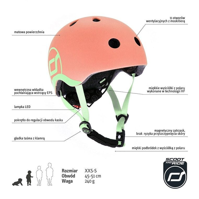 Ultralekki Kask Ochronny z Lampką LED na Hulajnogę i Rower  dzieci 1-5 lat Peach - Scoot & Ride