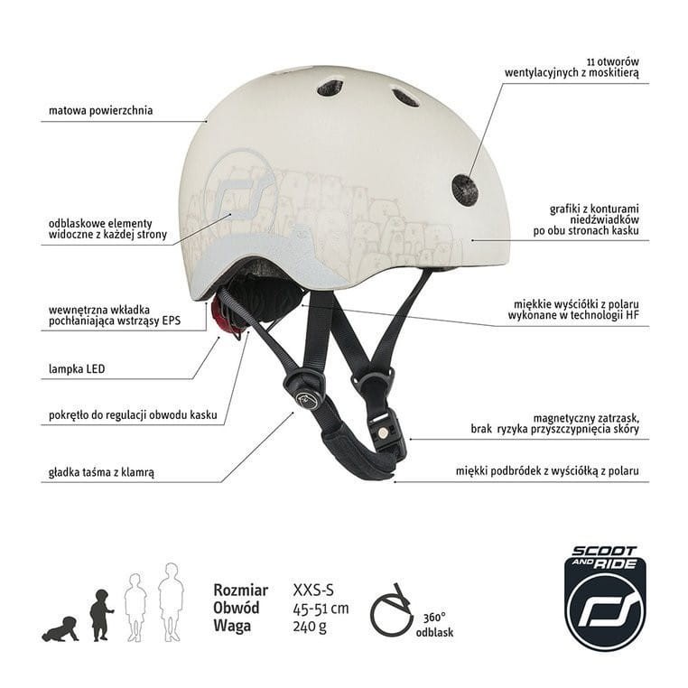 Kask z Odblaskami i Lampką LED Ultralekki na Hulajnogę i Rower dzieci 1-5 lat Ash Bear - Scoot & Ride