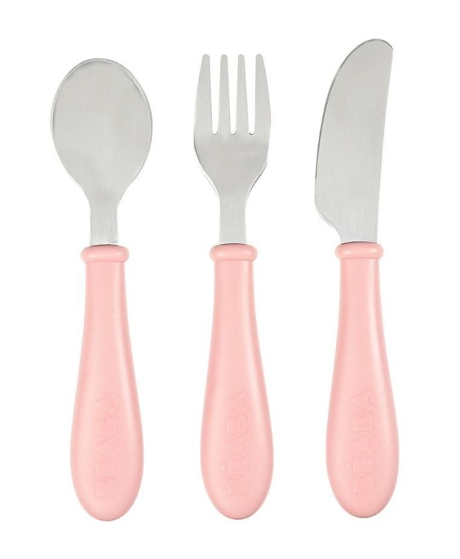 Sztućce stalowe dla dzieci widelec łyżka nóż Old Pink - Beaba