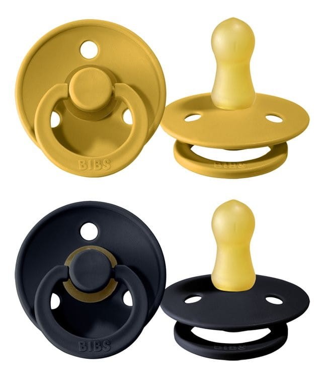 Smoczek Uspokajający z Naturalnego Kauczuku S 0-6 mies. Mustard & Dark Denim 2-pack - BIBS
