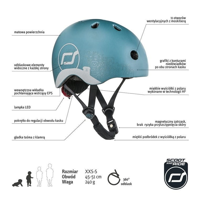 Kask z Odblaskami i Lampką LED Ultralekki na Hulajnogę i Rower  dzieci 1-5 lat Steel Dog - Scoot & Ride