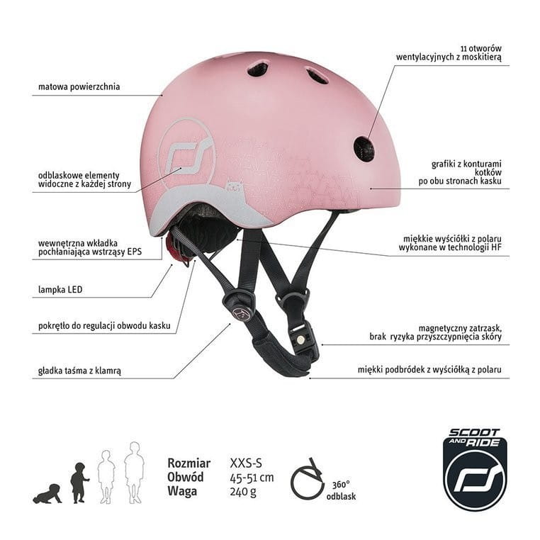 Kask z Odblaskami i Lampką LED Ultralekki na Hulajnogę i Rower  dzieci 1-5 lat Rose Cat - Scoot & Ride