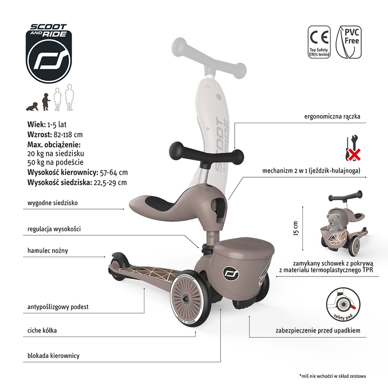 Hulajnoga Jeździk 2w1 z zamykanym schowkiem Highwaykick 1 Lifestyle Brown Lines Scoot & Ride
