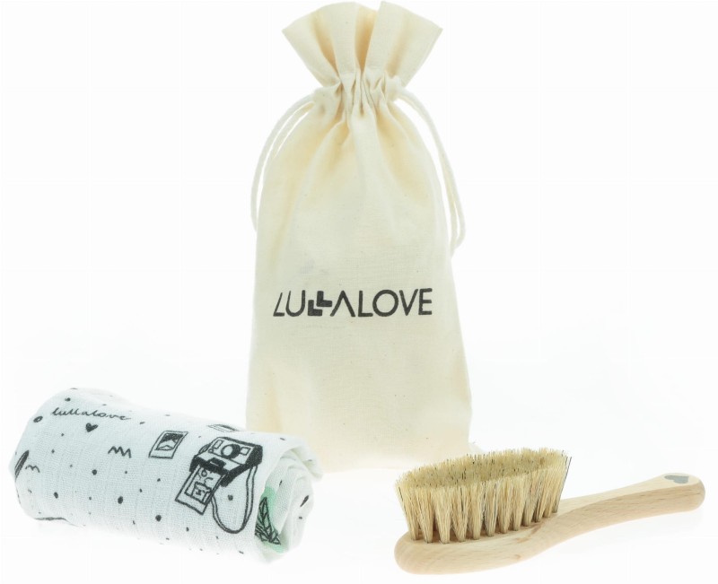 Szczotka z naturalnego włosia na ciemieniuchę + myjka Miś podróżnik - Lullalove