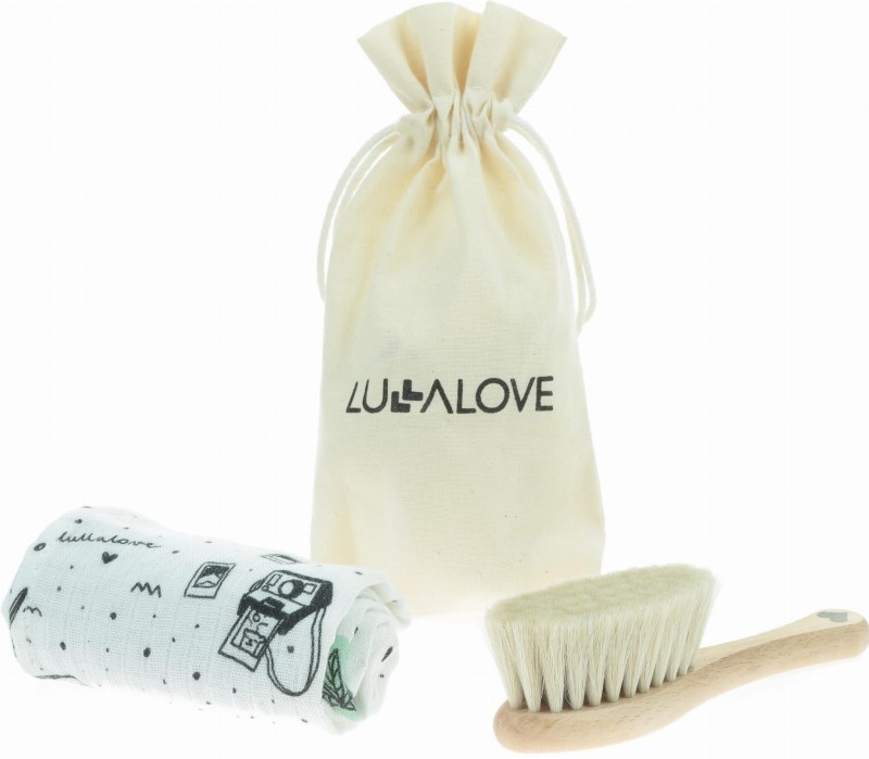 Delikatna szczotka z koziego włosia + myjka Miś podróżnik - Lullalove