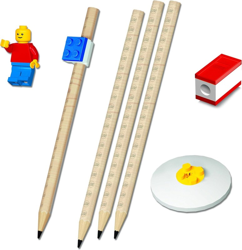 Lego zestaw szkolny: 4 ołówki, temperówka, gumka + ludzik i klocek