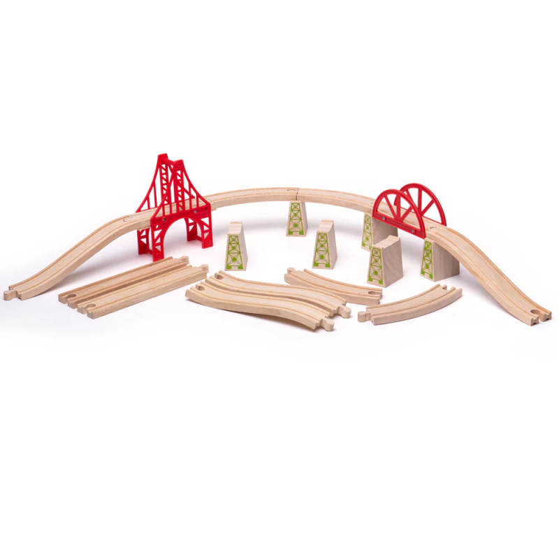 Drewniane tory kolejowe, mosty, podpory, proste, zakręty 18 el. Bigjigs Rail