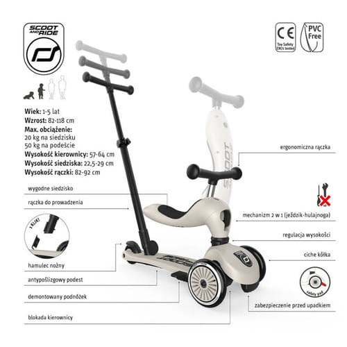 Scootandride Jeździk i hulajnoga z rączką do prowadzenia Highwaykick 1 Push and Go 2w1 Ash