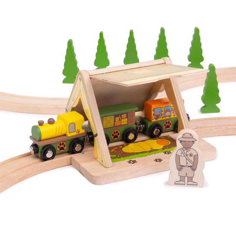 Drewniany tunel - namiot safari z figurką Bigjigs Rail