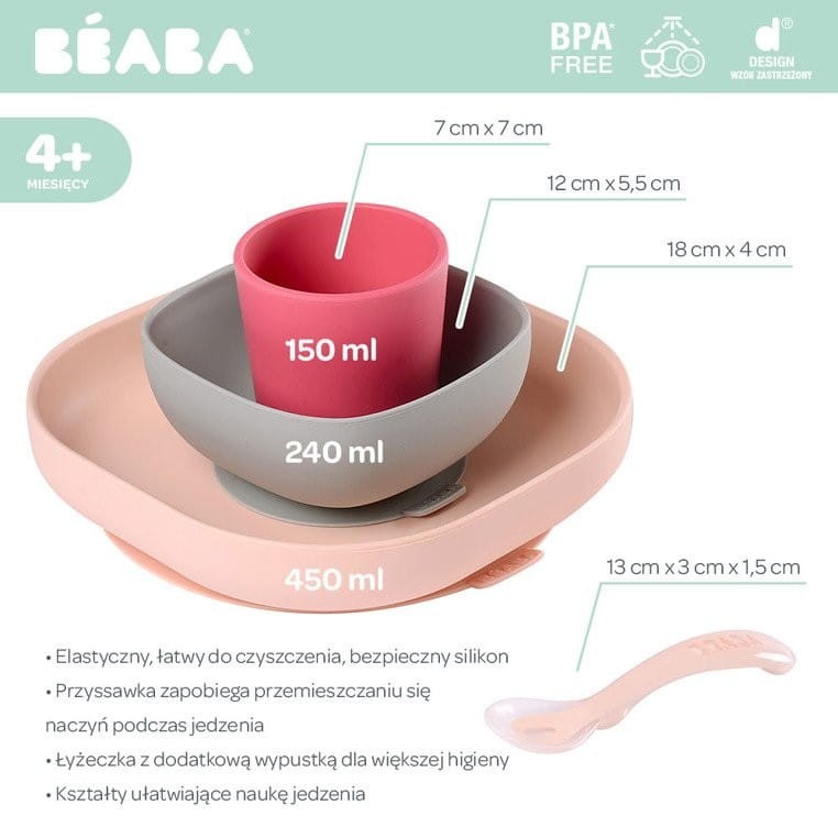 Komplet Naczyń z Silikonu z Przyssawką Pink - Beaba