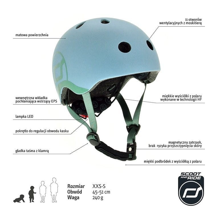 Ultralekki Kask Ochronny z Lampką LED na Hulajnogę i Rower  dzieci 1-5 lat Steel - Scoot & Ride