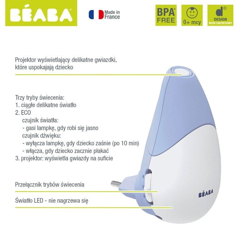 Lampka nocna LED, projektor gwiazd, czujnik płaczu i ruchu Pixie Star Mineral - Beaba