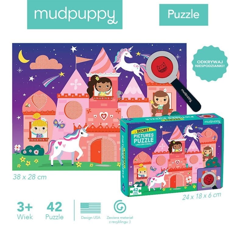 Puzzle z lupą i ukrytymi elementami Zamek jednorożca 42el. - Mudpuppy