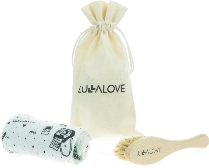 Szczotka z naturalnego włosia na ciemieniuchę + myjka Miś podróżnik - Lullalove